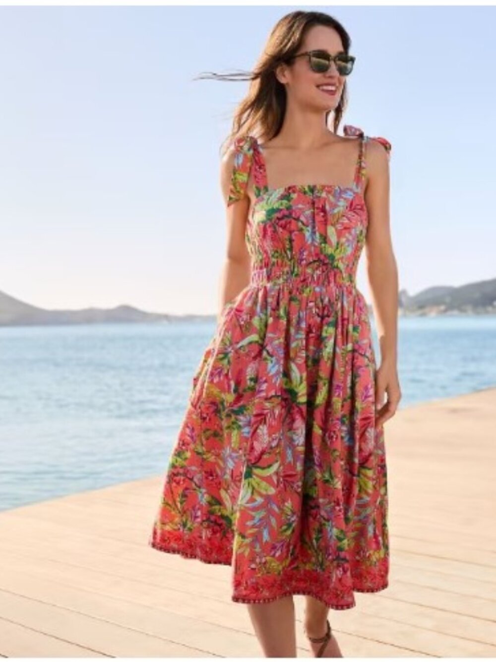 Lands End Textured Tie Shoulder Midi Dress